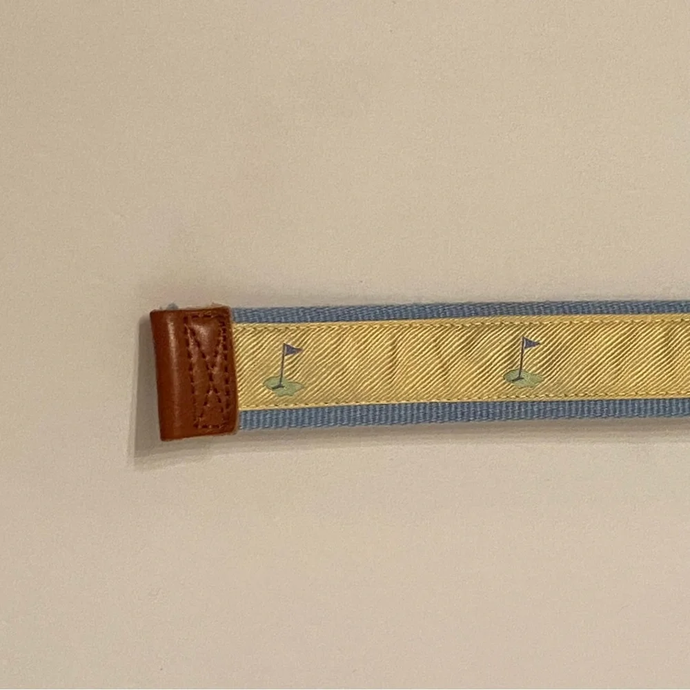 J. McLAUGHLIN BELT GOLF FLAG BLUE WEBBING YELLOW RIBBON BROWN LEATHER SIZE S USA